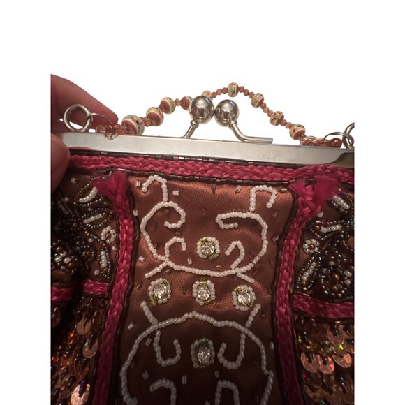Vintage Beaded Sequin Evening Clutch Purse With Metal Clasp & Beaded Handle - Picture 2 of 4